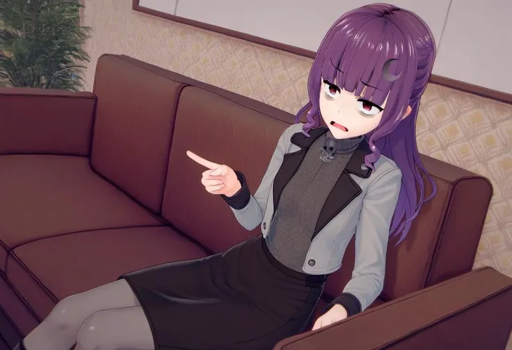 <lora:Wakana_Watabe_from_LiL:0.8>,wakana_watabe, long sleeves, 1girl, jacket, solo, sitting, open mouth, skirt, couch, pantyhose, black skirt, bags under eyes, grey shirt, pointing, score_9, score_8_up, score_7_up, score_6_up, score_5_up, score_4_up