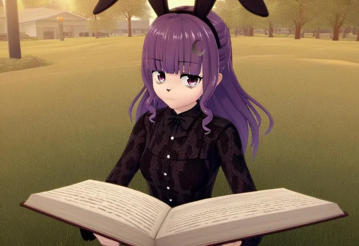 source_furry, <lora:Wakana_Watabe_from_LiL:0.8>, wakana_watabe as an anthro rabbit female, bunny ears, whiskers, bunny nose, outdoors, long sleeves, 1girl, upper body, closed mouth, looking at viewer, solo, crouching, tree, plant, book, black dress, expressionless, grassy field, lamp,, score_9, score_8_up, score_7_up, score_6_up, score_5_up, score_4_up