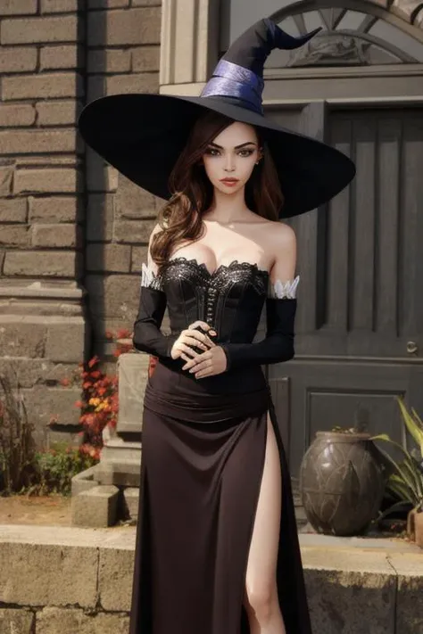 <lora:dcsorceress-nvwls-v1:0.8> dcSorc, witch hat, strapless dress, detached sleeves c0rdelia_n0texist