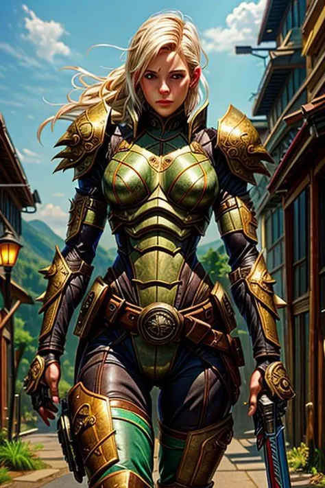 white blonde, short spiky hair, cute, arm guards, <lora:FAPoses2_2:1>female action poses, ornate green and gold armor, n7armor, backpack, holding sword ((fancy rapier)), holding gun, close up, color painting, viking, solo, standing, looking at viewer, armor, boots, fur trim, shoulder armor, belt, pants, pauldrons, cape, scar, tattoo, facial tattoo, leg tattoo, ((muscular:1.2)), cyber viking, furs, leather armor, soft cinematic light, subdued colors, trending on artstation, sharp focus, studio photography, intricate details, highly detailed, by Greg Rutkowski, outside, windy, blowing, clouds, dusk, hills in background, dirt road with sign post