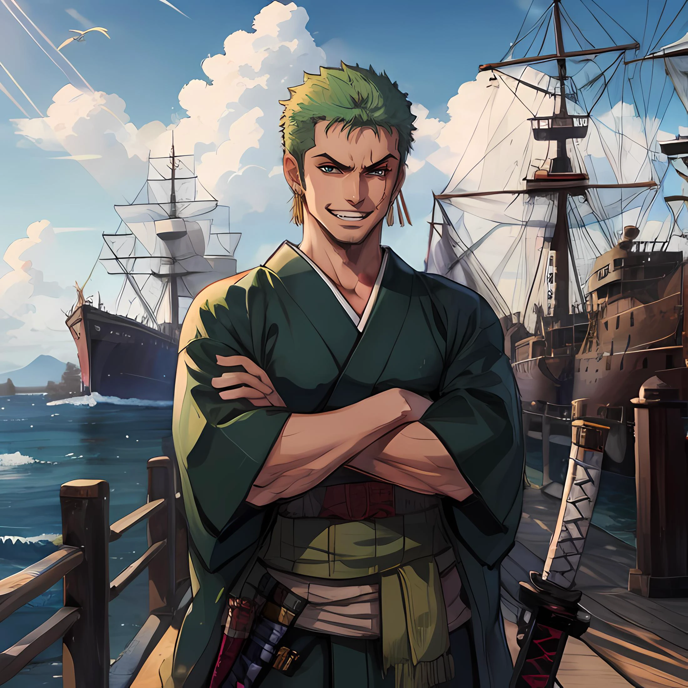 (masterpiece,highres,best quality),solo, male focus, 1boy, roronoa zoro, scar, muscular male, grin, looking at viewer,BREAK (dual wielding:1.2) katanas,crossed arms, japanese clothes, green kimono, BREAK ship,ocean <lora:onepiece_zoro-10:0.8>