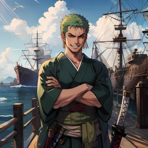 (masterpiece,highres,best quality),solo, male focus, 1boy, roronoa zoro, scar, muscular male, grin, looking at viewer,BREAK (dual wielding:1.2) katanas,crossed arms, japanese clothes, green kimono, BREAK ship,ocean <lora:onepiece_zoro-10:0.8>
