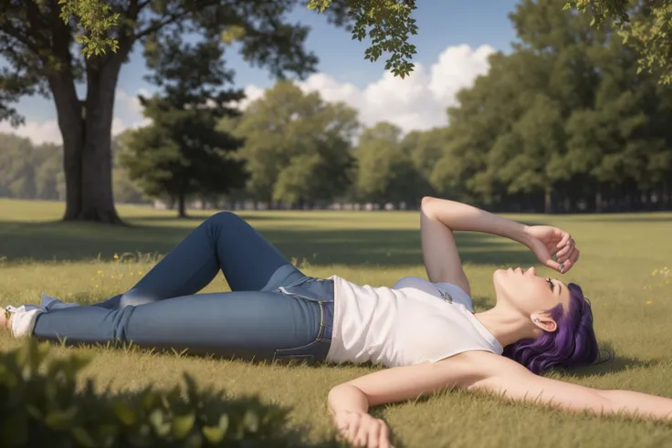 (ultra realistic, highly detailed:1.4), best quality, masterpiece,
woman, laying on ground, purple hair, forest, mouth closed, happy