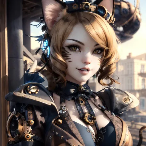 (ultra realistic, highly detailed:1.4), best quality, masterpiece, anthro, ((cat girl):1.5), fangs, blond, (steampunk:1.6)