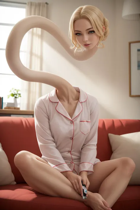 (ultra detailed, highly detailed:1.4), best quality, masterpiece
woman, blonde, pajamas, sitting down on couch, holding remote
((rokurokubi, looped neck):1.1) <lyco:longneck-v2.1-000004:0.8>