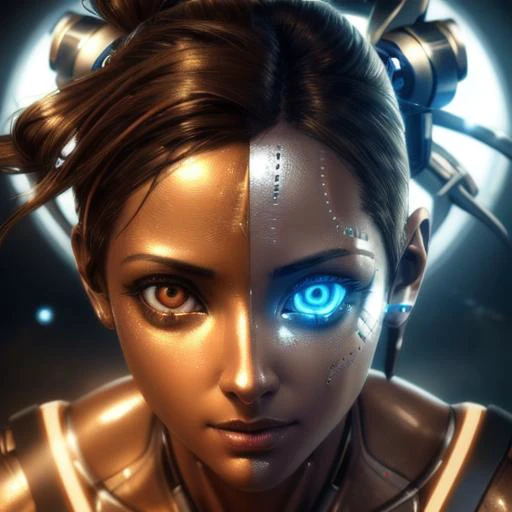 hyper detailed face, glowing eyes, metallic face, perfect nose, character:Chell, copyrights:Portal, human, beautiful face, detailed face, aroused, toned, medium tits, transformation, becoming a cyborg, metallic skin, photorealistic, volumetric lighting, high dynamic range, highest quality, highres,