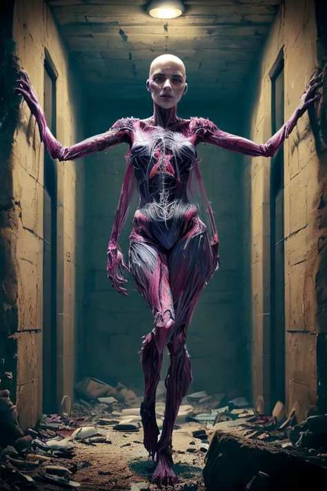 21 yo woman,creature,creepy,horror,inhuman
(Lurid Gaze - The Eye Collector
Face: beautiful,
Hair: Bald; tattooed mystical patterns on the scalp.
Accessories: Intricate eye-shaped piercings on eyebrows; swirling tattoos on neck.
Body: Lanky, with disjointed limbs; 5 feet 8 inches tall; pallid, almost translucent skin.
Build: Thin and sinewy, with disjointed joints.:1.2)
(underground lair,abandonned building,night:1.1)
<lora:light:0.7>neolight