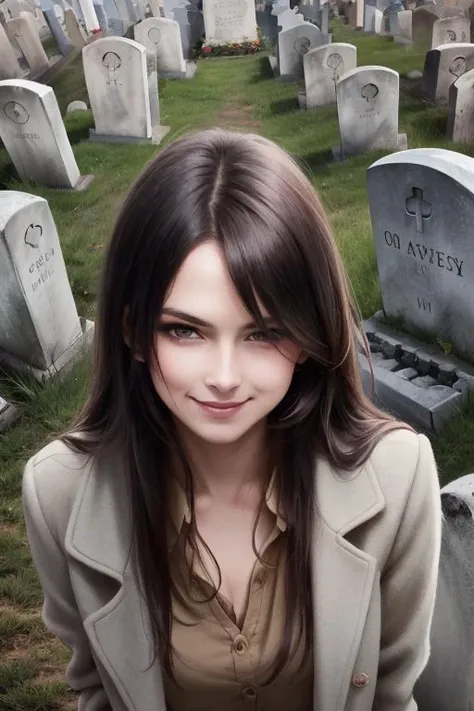 (8k, RAW photo, best quality, masterpiece:1.2), (women, french, age 40, brown long straight hair), (candid, stupid face, smirk), (graveyard, outside, gravestones:1.4)