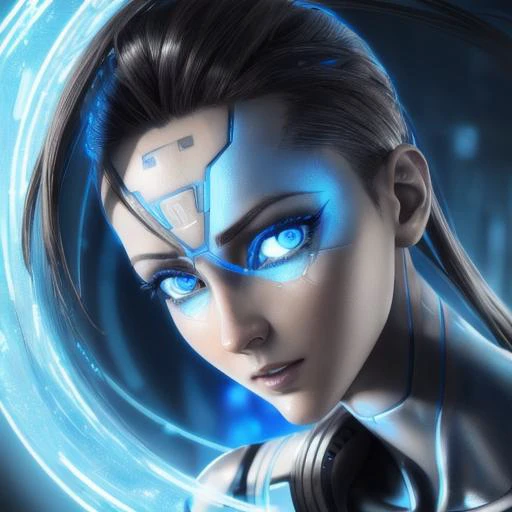 hyper detailed face, glowing blue eyes, perfect eyes, metallic face, perfect nose, character:Chell, copyrights:Portal, human, beautiful face, detailed face, aroused, toned, medium tits, transformation, becoming a cyborg, metallic skin, photorealistic, volumetric lighting, high dynamic range, highest quality, highres,