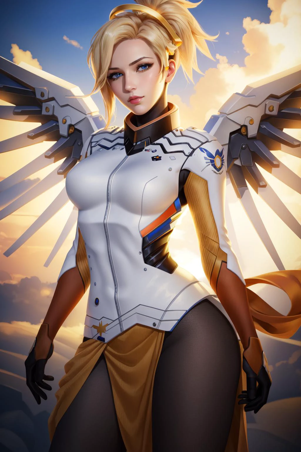 (masterpiece, best quality), intricate details,
1girl, <lora:mercy:0.8> 1girl, solo, mercy (overwatch), mechanical halo, breasts, blue eyes, blonde hair, pantyhose, mechanical wings, wings, halo, holding, bodysuit, cowboy shot, yellow wings, brown pantyhose, lips, gloves, pelvic curtain, black gloves,