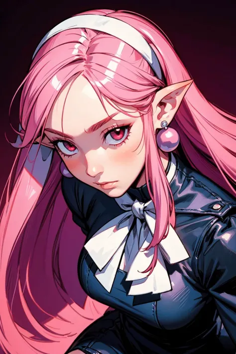 thick outlines, comics, photorealistic, 1girl, solo, cowboy shot, <lora:Witch-10v5:0.5>, Witch, long pink hair, pointy ears, red eyes, black dress, white hair ribbon, white hairband, long sleeves, earrings, black boots, castle, detailed background, detailed face, detailed eyes, <lora:add_detail:0.7>