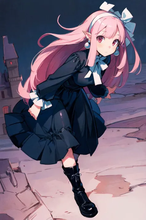 thick outlines, comics, photorealistic, 1girl, solo, full body shot, <lora:Witch-10v5:0.6>, Witch, long pink hair, pointy ears, red eyes, black dress, white hair ribbon, white hairband, long sleeves, earrings, black boots, castle, detailed background, detailed face, detailed eyes, <lora:add_detail:0.7>