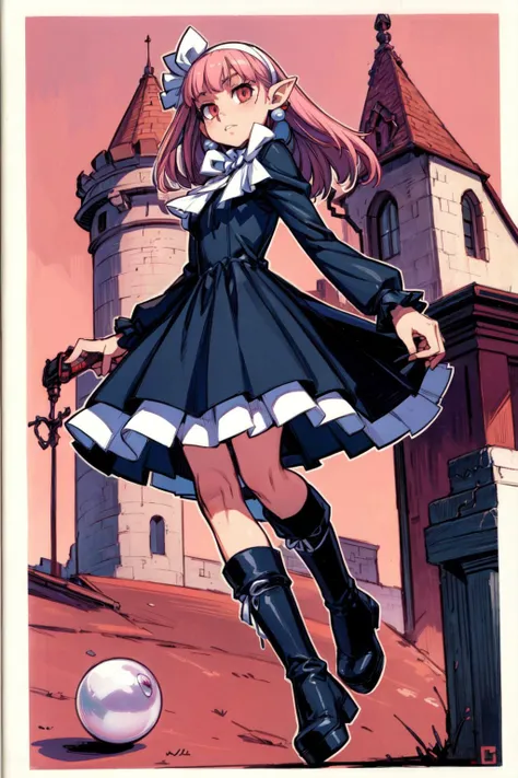 thick outlines, comics, photorealistic, 1girl, solo, full body shot, <lora:Witch-10v5:0.6>, Witch, long pink hair, pointy ears, red eyes, black dress, white hair ribbon, white hairband, long sleeves, earrings, or small white earrings, or pearl earrings, black boots, castle, detailed background, detailed face, detailed eyes, <lora:add_detail:0.7>