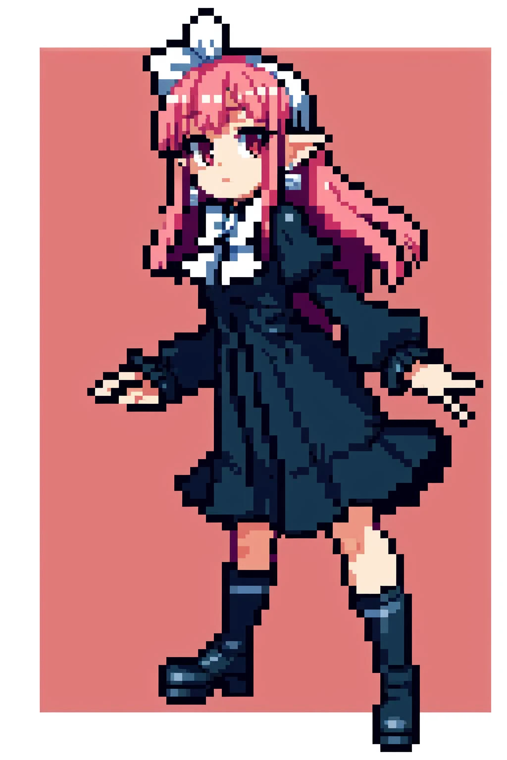 thick outlines, comics, photorealistic, 1girl, solo, full body shot, <lora:Witch-10v5:0.6>, Witch, long pink hair, pointy ears, red eyes, black dress, white hair ribbon, white hairband, long sleeves, earrings, black boots, castle, detailed background, detailed face, detailed eyes, <lora:add_detail:0.7>