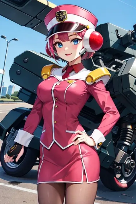 masterpiece, best quality, sky,1girl, solo, out door,city,cowboy shot,Hyper Detailed eyes,Hyper Detailed hair,
<lora:CarRobotAI:0.6>carrobot,skirt,pantyhose,pink uniform,