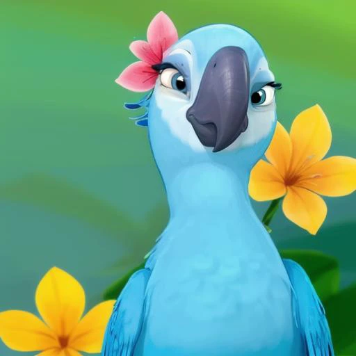 <lora:Jewel(BirdMovie,Rio):0.7> flat colors, 2d, cartoon, sfw, spix macaw, female, looking at viewer, blue feathers, flower on head