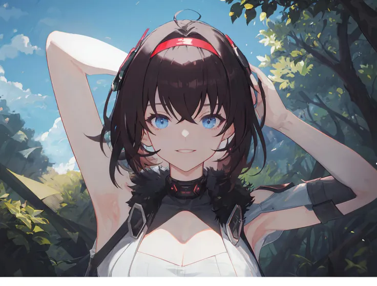 <lora:ver-loha:0.6> ver\(aethergazer\) ,masterpiece, best quality,incredibly absurdres,photo inset,portrait,(high contrast:1.1),perfect perspective,perfect shadow,from above,ai is sb,(upper body:1.1),smile,ai is sb,backlighting,outdoors, cabin, trees,blue sky