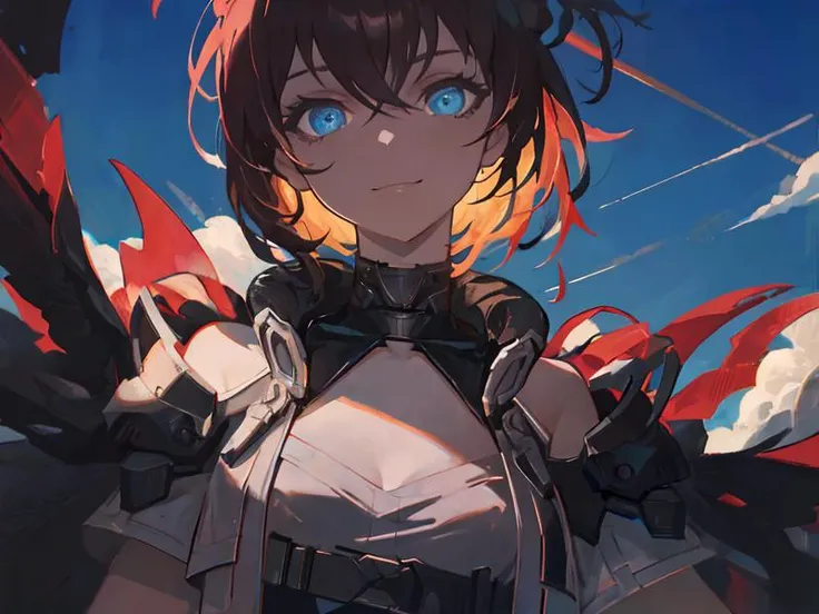 ver\(aethergazer\) ,masterpiece, best quality,incredibly absurdres,photo,portrait,(chiaroscuro,high contrast:1.1),perfect perspective,perfect shadow,ai is sb,(upper body:1.1),smile,ai is sb,backlighting,outdoors,blue sky, <lora:ver-locon:0.7>