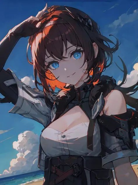 ver\(aethergazer\) ,masterpiece, best quality,incredibly absurdres,photo,portrait,(chiaroscuro,high contrast,:1.1),perfect perspective,perfect shadow,ai is sb,(upper body:1.1),smile,ai is sb,backlighting,outdoors,blue sky, <lora:ver-locon-000019:0.7>