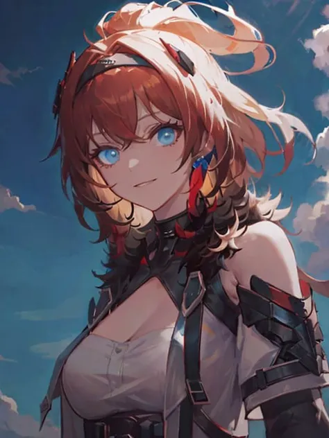 ver\(aethergazer\) ,masterpiece, best quality,incredibly absurdres,photo,portrait,(chiaroscuro,high contrast:1.1),perfect perspective,perfect shadow,ai is sb,(upper body:1.1),smile,ai is sb,backlighting,outdoors,blue sky, <lora:ver-1-000043:0.6>