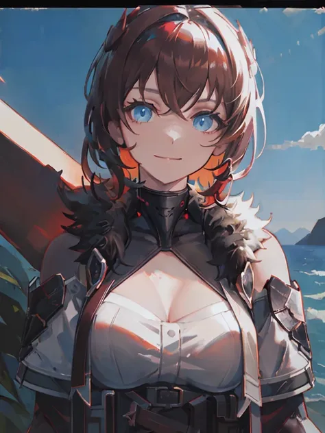ver\(aethergazer\) ,masterpiece, best quality,incredibly absurdres,photo,portrait,(chiaroscuro,high contrast:1.1),perfect perspective,perfect shadow,ai is sb,(upper body:1.1),smile,ai is sb,backlighting,outdoors,blue sky,  <lora:ver-1-000043:0.6>