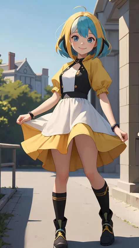 toon \(style\), cartoon,
full body, 
(masterpiece:1.4),
(best quality:1.4),
(looking at viewer),
(character on front),
outdoors,
cinematic,
depth of field,
1girl,
{curious face|shy face|happy face},
{space|desert|ocean|fantasy|countryside|underwater|mountain},
two-tone hair,