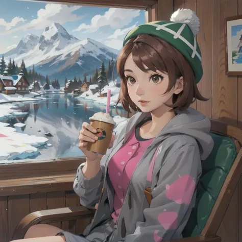 <lora:gloria_(pokemon)_v1:0.8> gloria \(pokemon\) , Gloria1 , short hair, grey jacket , pink shirt , green beanie, brown hair, brown eyes ,
holding a cup of hot coffee ,
in a cottage , chair , cozy , windows , mountains , tundra , cold , snowflakes , frozen lake
toon artstyle
