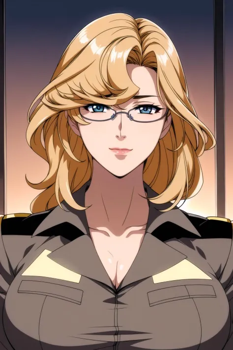 (Night:1.7), Japan, Tokyo, CityView, Before Window,
Standing at attention,
Brown_military_uniform,pantyhose, a uniform with gold trims and a collar,shirt,belt,cleavage, collarbone,
<lora:Rachel_Milsteen_Gundam_Lost-KK77-V2:0.7>,glasses,
blonde hair,blue eyes,lipstick, Bangs,long hair,
<lora:Oda_Non_Style-KK77-V2:0.3>,<lora:more_details:0.1>,
1 girl, 20yo,Young female,Beautiful Finger,Beautiful long legs,Beautiful body,Beautiful Nose,Beautiful character design, perfect eyes, perfect face,expressive eyes,perfect balance,
looking at viewer,(Focus on her face),closed mouth, (innocent_big_eyes:1.0),Light_Smile,
official art,extremely detailed CG unity 8k wallpaper, perfect lighting,Colorful, Bright_Front_face_Lighting,shiny skin,
(masterpiece:1.0),(best_quality:1.0), ultra high res,4K,ultra-detailed,
photography, 8K, HDR, highres, absurdres:1.2, Kodak portra 400, film grain, blurry background, bokeh:1.2, lens flare, (vibrant_color:1.2),professional photograph,
(Beautiful,large_Breasts:1.6), (beautiful_face:1.5),(narrow_waist),