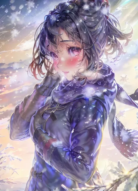 masterpiece, muddymelly, solo, 1girl, blue theme, winter clothes, winter coat, gloves, scarf, blush, steam, snow, (snowflakes:1.3),black hair, high ponytail,  looking at viewer
<lora:muddymelly-44:1>