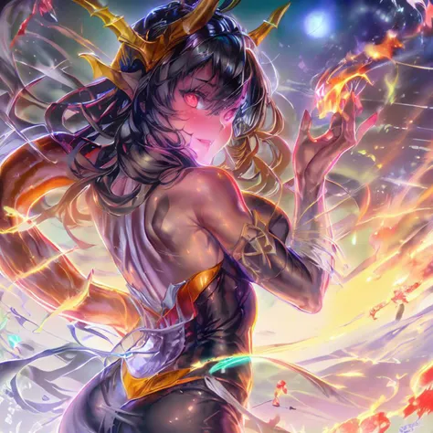 masterpiece, muddymelly, solo, looking at viewer, (very long hair), red eyes, 1girl, black hair, female focus, from behind, looking back, scales, dragon girl, dragon horns, smile, glowing eye, red lips, (fire:1.3), flames, motion blur, night, black dress, dragon tail, bare shoulders, detailed hands
<lora:muddymelly-44:1>
