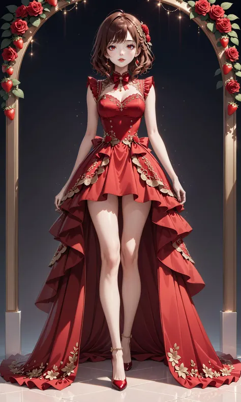 (very aesthetic, best quality, ultra detailed), intricate details, beautiful idol with brown hair, red dress, red roses, rubí, strawberries, full body