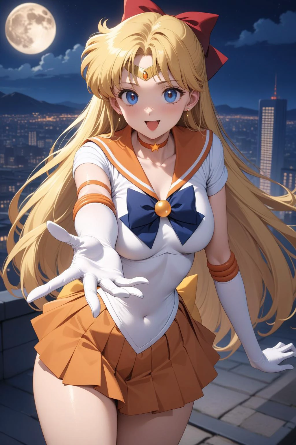 masterpiece, best quality, very aesthetic, absurdres, masterpiece, best quality, very aesthetic, absurdres, aavenus, long hair, blonde hair, hair bow, tiara, blue eyes, earrings, orange choker, collarbone, orange sailor collar, blue bowtie, white shirt, white leotard, elbow gloves, white gloves, pleated skirt, orange skirt, <lora:sailor_venus_XL_v1(anima):0.9>, standing, cowboy shot, outdoors, night, moon, city, building, reaching out, smile, open mouth,
