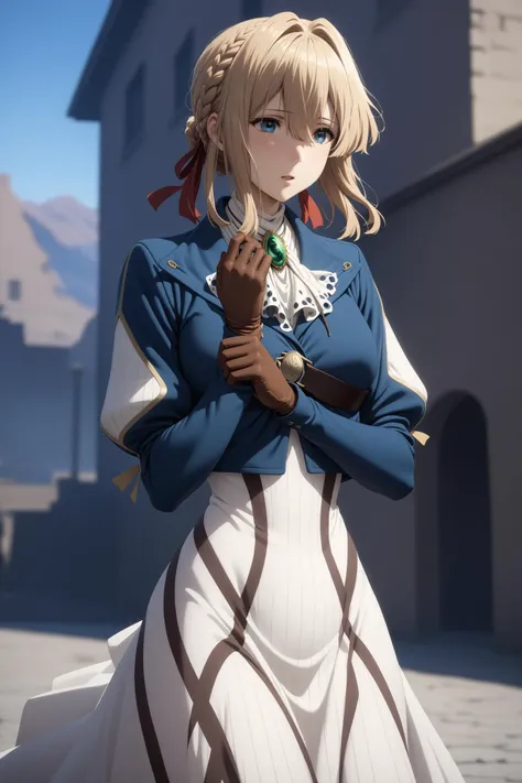 masterpiece, best quality, very aesthetic, absurdres, aave, braid, hair ribbon, red ribbon, jewelry, white ascot, brooch, blue jacket, long sleeves, brown gloves, white dress, long dress, <lora:violet_evergarden_XL_v1(anima):0.9>, standing, cowboy shot, outdoors