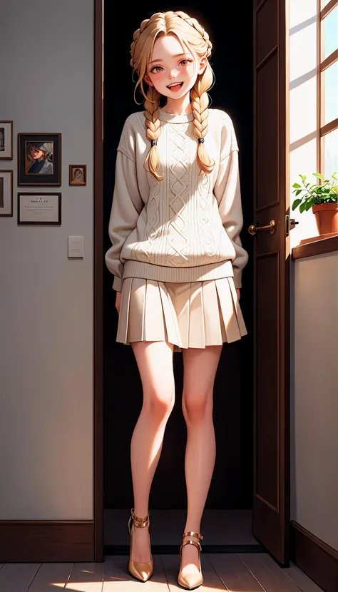 (very aesthetic, best quality, ultra detailed), intricate details,
1girl, beautiful girl,
senior, european, chestnut eyes, pale cheeks, square face shape with angular jaw,natural "no-makeup" makeup,
Health and Wellness Room,
wearing Cable-knit Aran sweater tucked into a patterned A-line skirt with ankle booties and ombre stockings ,
ginger hair,
feather braid hairstyle ,
Full Body ,
From Front ,
standing,
cheerful and lively, hyperrealism,
dark theme,
soothing tones,
high contrast,
natural skin texture,
soft light,
sharp,
artistic photoshoot,