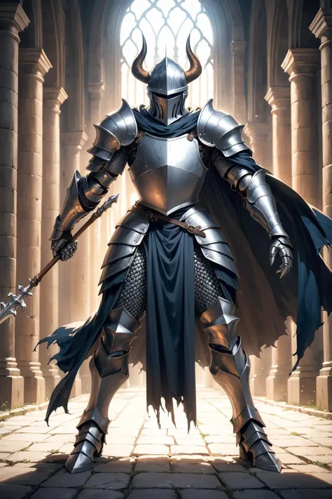 (masterpiece, best quality:1.2), silver_knight_(dark_souls), 1other, ambiguous_gender, armor, armored_boots, boots, breastplate, cape, chainmail, fake_horns, full_armor, gauntlets, helmet, holding, holding_polearm, holding_weapon, horned_helmet, horns, knight, pauldrons, polearm, shoulder_armor, solo, spear, standing, weapon