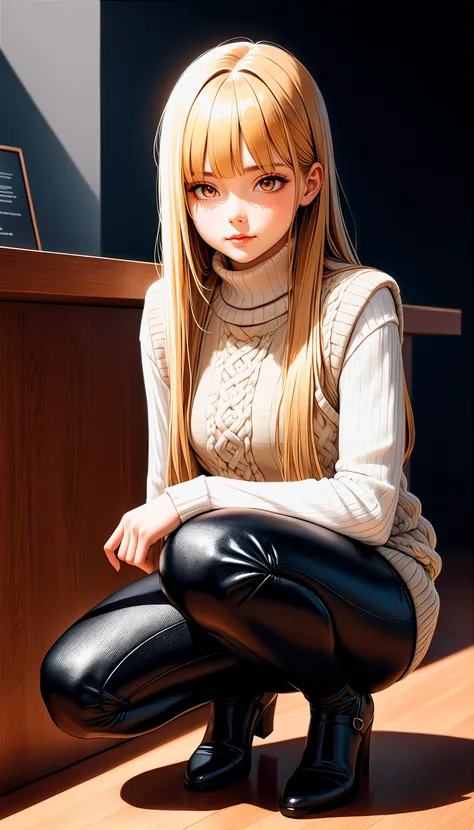 (very aesthetic, best quality, ultra detailed), intricate details,
1girl, beautiful girl,
senior, european, chestnut eyes, pale cheeks, square face shape with angular jaw,natural "no-makeup" makeup,
Reception Desk,
wearing  Aran sweater vest layered over a long-sleeved top and leather leggings and ribbed lace top stockings ,
golden blonde hair ,
fine straight hair ,
Full Body  ,
From Front ,
squatting,
cheerful and lively, hyperrealism,
dark theme,
soothing tones,
high contrast,
natural skin texture,
soft light,
sharp,
artistic photoshoot,