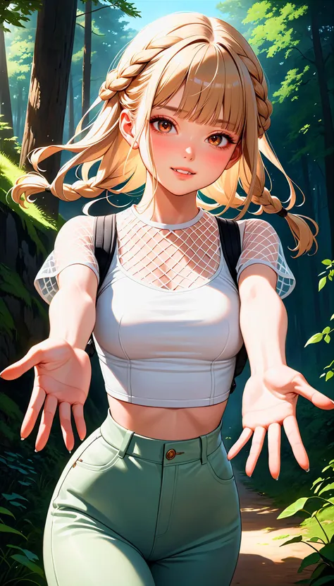 (very aesthetic, best quality, ultra detailed), intricate details,
1girl, beautiful girl, 
senior,  european, chestnut eyes, pale cheeks, square face shape with angular jaw,natural "no-makeup" makeup,sandy blonde milkmaid braid hair, 
wearing mesh overlay top , high-waisted pants and hiking boots,
hands reaching out, indicating a desire for connection,
cheerful and lively,