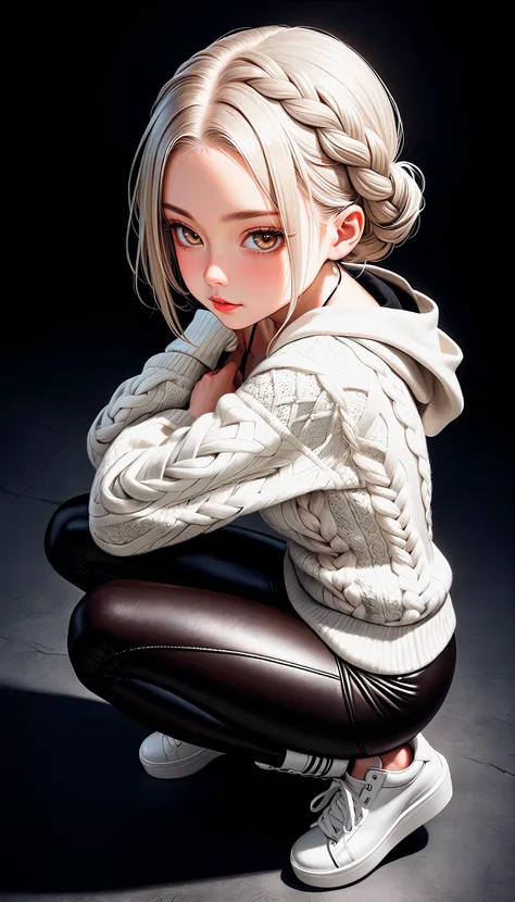 (very aesthetic, best quality, ultra detailed), intricate details,
1girl, beautiful girl,
senior, european, chestnut eyes, pale cheeks, square face shape with angular jaw,natural "no-makeup" makeup,
Sacred Grove,
wearing Aran sweater hoodie with leather leggings and platform sneakers and lace-up back stockings ,
platinum blonde hair ,
infinity braid hairstyle ,
Full Body ,
From Above,
crouching,
cheerful and lively, hyperrealism,
dark theme,
soothing tones,
high contrast,
natural skin texture,
soft light,
sharp,
artistic photoshoot,