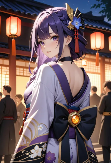(masterpiece, best quality, very aesthetic, ultra detailed), intricate details,1girl absurdres alternate_costume arm_up back back_bow black_kimono blue_flower bow braid circle fingernails floral_print flower from_behind gem genshin_impact gold_trim grey_kimono hair_flower hair_ornament hair_ribbon highres japanese_clothes kimono long_hair long_sleeves looking_at_viewer looking_back mole mole_under_eye multicolored_clothes multicolored_hair multicolored_kimono purple_eyes purple_flower purple_gemstone purple_hair purple_ribbon raiden_shogun red_bow  ribbon  solo tassel teeth vision_(genshin_impact) , temple festival, night