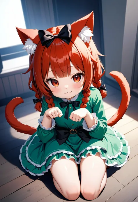 (masterpiece, best quality, very aesthetic, ultra detailed), intricate details,1girl, :3, animal ears, bangs, black bow,  blush, bow, braid, cat ears, cat girl, cat tail, dress, fang, fang out, frilled dress, frills, full body, green dress, hair bow, kaenbyou rin, leg ribbon, long hair, long sleeves, looking at viewer, multiple tails, nekomata, paw pose, red eyes, red hair, shoes, sitting, smile, solo, tail, twin braids, two tails, perfect feet,toes