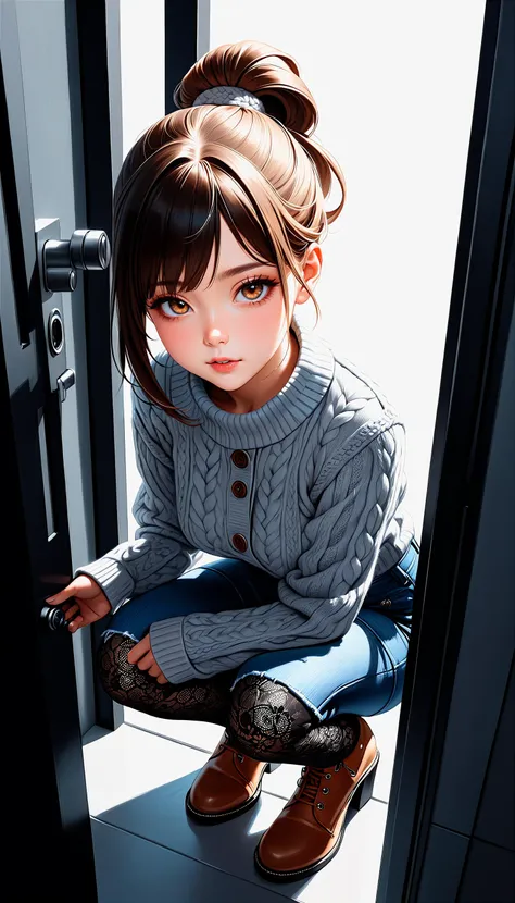 (very aesthetic, best quality, ultra detailed), intricate details,
1girl, beautiful girl,
senior, european, chestnut eyes, pale cheeks, square face shape with angular jaw,natural "no-makeup" makeup,
Secure Entrance with Airlock,
wearing  Cable-knit Aran sweater with a button-front denim skirt and ankle boots and floral lace stockings ,
brunette hair ,
bubble ponytail ,
Upper Body ,
From Above,
squatting,
cheerful and lively, hyperrealism,
dark theme,
soothing tones,
high contrast,
natural skin texture,
soft light,
sharp,
artistic photoshoot,