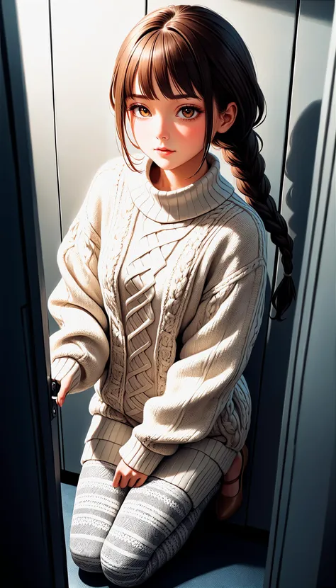 (very aesthetic, best quality, ultra detailed), intricate details,
1girl, beautiful girl,
senior, european, chestnut eyes, pale cheeks, square face shape with angular jaw,natural "no-makeup" makeup,
Locker Room,
wearing  Aran sweater dress with patterned tights and Mary Jane flats and colored stockings ,
brunette hair ,
braided ponytail ,
Upper Body ,
From Above,
kneeling,
cheerful and lively, hyperrealism,
dark theme,
soothing tones,
high contrast,
natural skin texture,
soft light,
sharp,
artistic photoshoot,