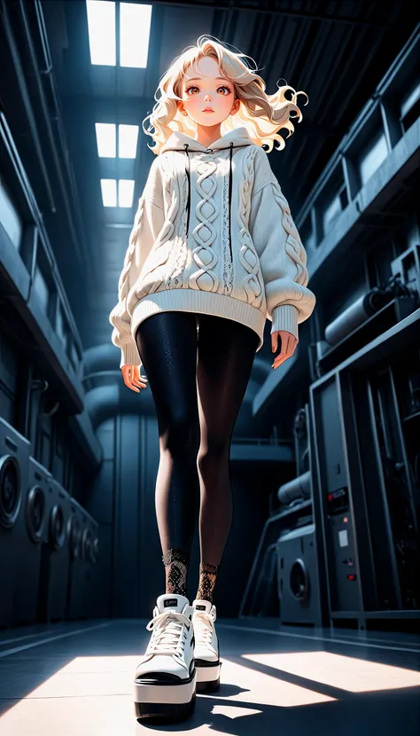 (very aesthetic, best quality, ultra detailed), intricate details,
1girl, beautiful girl,
senior, european, chestnut eyes, pale cheeks, square face shape with angular jaw,natural "no-makeup" makeup,
Turbine Room,
wearing  Aran sweater hoodie with leggings and platform sneakers and patterned lace stay-up stockings ,
platinum blonde hair ,
flowy waves hair ,
Upper Body ,
From Below ,
walking,
cheerful and lively, hyperrealism,
dark theme,
soothing tones,
high contrast,
natural skin texture,
soft light,
sharp,
artistic photoshoot,
