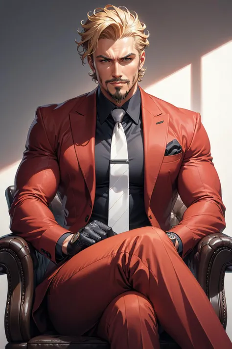 (masterpiece, best quality:1.2), sanji_(one_piece), 1boy, black_gloves, black_shirt, blonde_hair, crossed_legs, curly_eyebrows, curly_hair, facial_hair, gloves, goatee, hair_over_one_eye, looking_at_viewer, male_focus, necktie, pants, red_pants, red_suit, shirt, short_hair, simple_background, sitting, smile, solo, suit, white_necktie