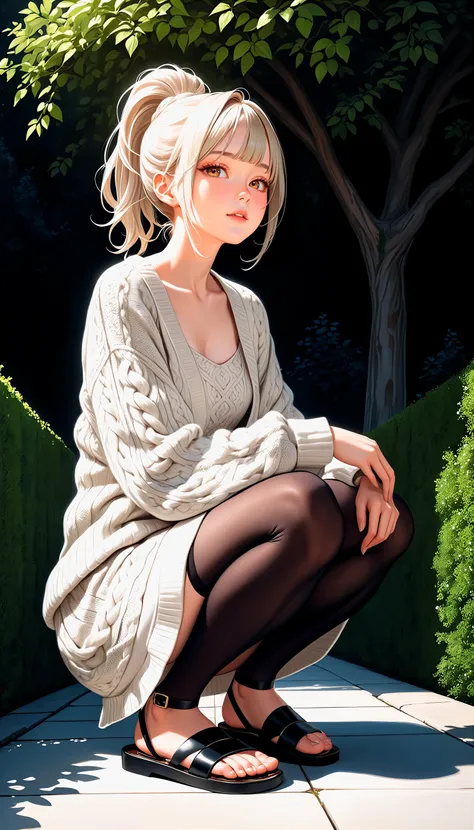 (very aesthetic, best quality, ultra detailed), intricate details,
1girl, beautiful girl,
senior, european, chestnut eyes, pale cheeks, square face shape with angular jaw,natural "no-makeup" makeup,
Formal Garden,
wearing Aran sweater cardigan worn over a floral maxi dress with sandals and zipped stockings ,
platinum blonde hair ,
ponytail ,
Upper Body ,
From Below ,
squatting,
cheerful and lively, hyperrealism,
dark theme,
soothing tones,
high contrast,
natural skin texture,
soft light,
sharp,
artistic photoshoot,
