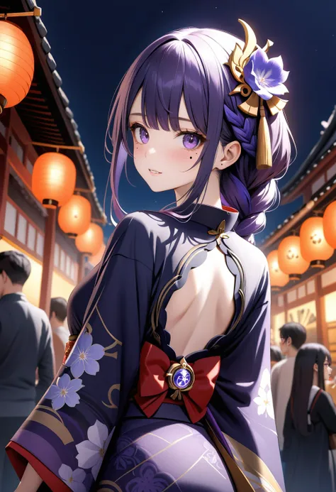 (masterpiece, best quality, very aesthetic, ultra detailed), intricate details,1girl absurdres alternate_costume arm_up back back_bow black_kimono blue_flower bow braid circle fingernails floral_print flower from_behind gem genshin_impact gold_trim grey_kimono hair_flower hair_ornament hair_ribbon highres japanese_clothes kimono long_hair long_sleeves looking_at_viewer looking_back mole mole_under_eye multicolored_clothes multicolored_hair multicolored_kimono purple_eyes purple_flower purple_gemstone purple_hair purple_ribbon raiden_shogun red_bow ribbon solo tassel teeth vision_(genshin_impact) , temple festival, night