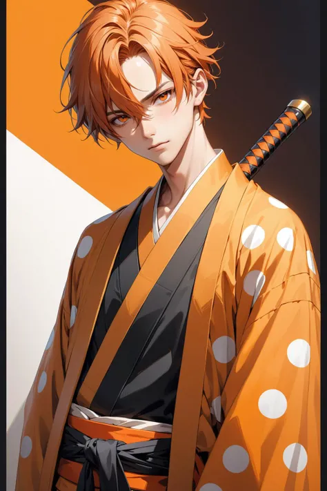 (masterpiece, best quality:1.2), kurosaki_ichigo, 1boy, black_border, black_shirt, border, colored_shadow, dutch_angle, hair_between_eyes, holding, holding_weapon, japanese_clothes, looking_at_viewer, male_focus, orange_eyes, orange_hair, orange_theme, polka_dot_shadow, shadow, shihakusho, shirt, solo, upper_body, weapon, weapon_on_back, wide_sleeves, wrist_straps