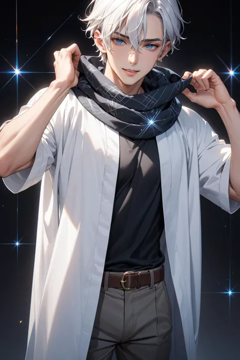 (masterpiece, best quality:1.2), gojou_satoru, 1boy, black_scarf, black_shirt, blue_eyes, cowboy_shot, diffraction_spikes, hands_up, looking_at_viewer, male_focus, pants, parted_lips, robe, scarf, shirt, short_hair, smile, solo, standing, white_background, white_hair, white_robe