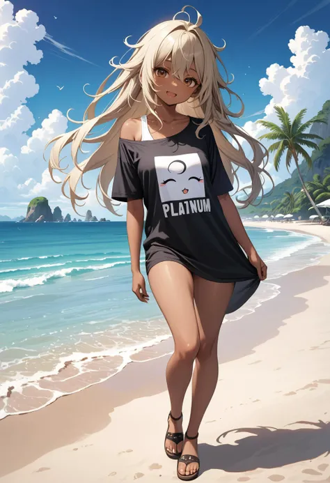 (masterpiece, best quality, very aesthetic, ultra detailed), intricate details,1girl, bare legs, brown eyes, platinum blonde hair, collarbone, dark-skinned female, dark skin, full body, hair between eyes, long hair, looking at viewer, messy hair, off shoulder, open mouth, sandals, shirt, short sleeves, sleepy, smile, solo, standing, t-shirt, thighs, on a beach,perfect feet,toes