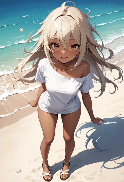 (masterpiece, best quality, very aesthetic, ultra detailed), intricate details,1girl, bare legs, brown eyes, platinum blonde hair, collarbone, dark-skinned female, dark skin, full body, hair between eyes, long hair, looking at viewer, messy hair, off shoulder, open mouth, sandals, shirt, short sleeves, sleepy, smile, solo, standing, t-shirt, thighs, on a beach,perfect feet,toes